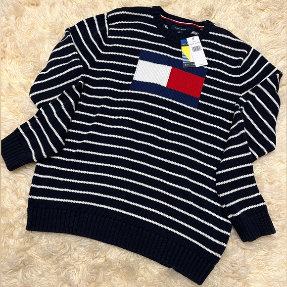 TOMMY HILFIGER Men's NAVY BLUE STRIPED Knit FLAG LOGO SWEATER Size XXL - Picture 2 of 5